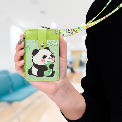 Image of 2 Pack Panda ID Badge Holder with Lanyard,Cute Work Badge Wallet with Zipper Pocket,3 Card Slots & Detachable Keychain for Nurse Teacher Student Office Staff