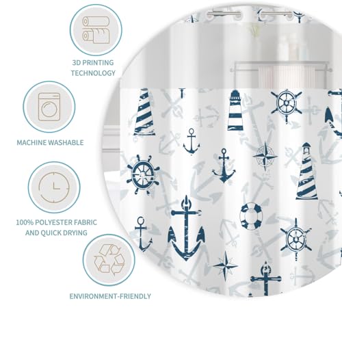 Lexfvpoo No Hooks Shower Curtain with Snap in Liner Set Nautical Shower Curtains for Bathroom Lighthouse Anchor Decorative Bath Curtain Polyester Fabric Waterproof Bathroom Decor 71x74in by Lexfvpoo - Used condition - Image 7