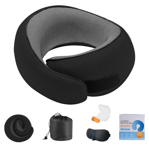 Travel Neck Pillow for Airplane, Adults Memory Foam Travel Neck Pillow, Ergonomic 360° Neck Support for Airplane Car Home Office Sleep, Small Packable Compact Portable Adults Turtle Pillow (Black)