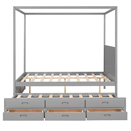 Queen Size Wood Canopy Platform Bed Frames With Twin Size Trundle & 3 Storage Drawers, No Box Spring Needed, Easy To Assemble For Bedroom Small Living Space Boys Girls (Grey) #TOP5