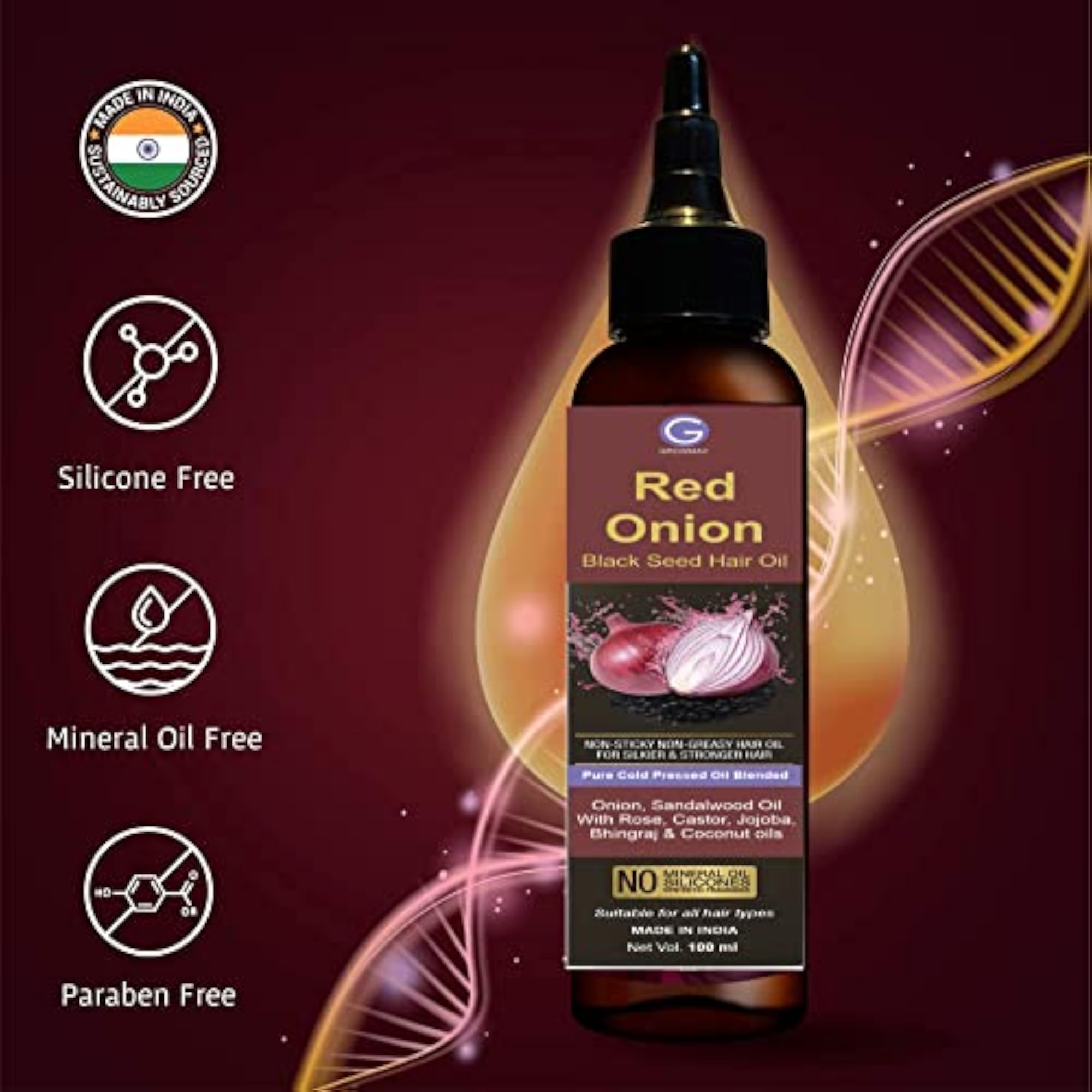 Growmax Red Onion Hair Oil for Silkier & Stronger Hair, 100ml
