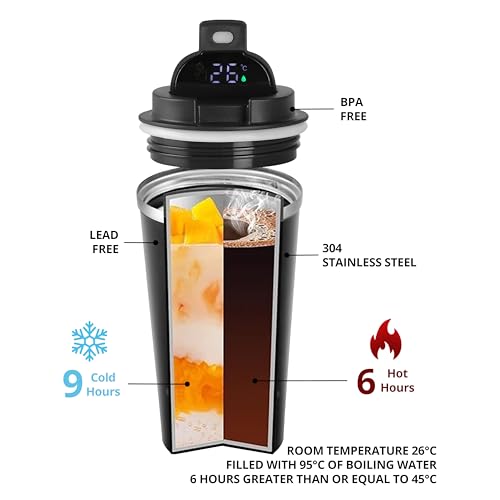 Image of CORPORATE PORIUM Personalised Insulated Coffee Travel Mug with Touch Screen Digital Temperature Display Travel Flasks, 510 Ml, 304 Stainless Steel Diwali Item - Leak Proof, Thermal Mug
