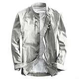 Camisa de algodón y lino para hombre, manga larga, cuello mandarín para vestido de negocios ajustado, para trabajo casual, uso diario, color sólido, longitud regular, primavera (L, gris claro)