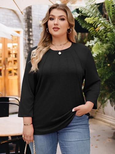 Image of Chulianyouhuo Womens Plus Size Tops 3 /4 Sleeve Casual T Shirts | Crew Neck, Pleated Blouse Tee, Dressy Casual Shirts, Loose Fit Tunic Tops, Soft Fabric, Going Out Outfits