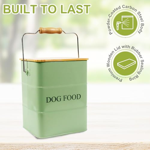 ZoeQide Hundefutter Aufbewahrungsbox Metall 6L – Futterbehälter Hund mit Holzdeckel, Griff & Schaufel – Luftdichte Vorratsdose für Trockenfutter & Snacks – Leckerli Box Armeegrün