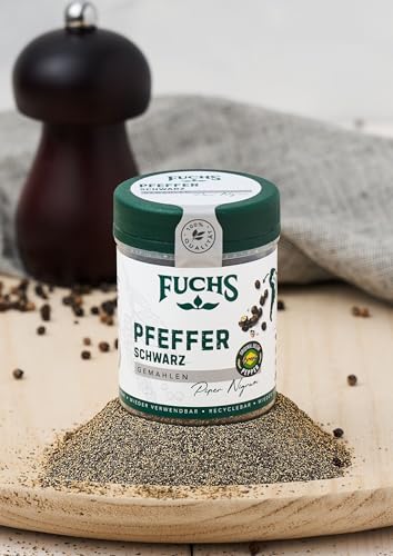 Fuchs Gewürze - Pfeffer schwarz gemahlen - Pfeffer aus dem Amazonasgebiet, verleiht eine leicht scharfe Note - natürliche Zutaten - 60 g in wiederverwendbarer, recyclebarer Dose