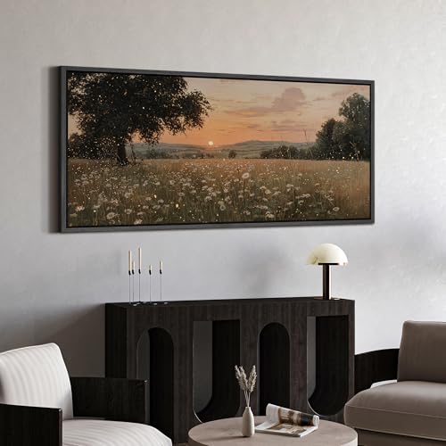 Image of MUDECOR Extra Large Framed Canvas Print Wall Art Golden Sunset Meadow with Wildflowers Warm Landscape Antique Retro Ready to Hang Painting for Living Room Bedroom Multi-Sizes - 60 inchx30 inch