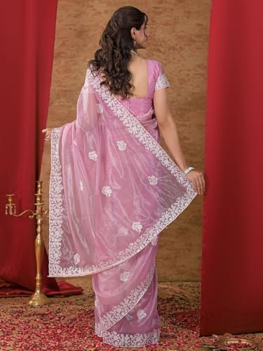 Image of Satrani Women's Net Embroidery Saree with Unstitched Blouse Piece