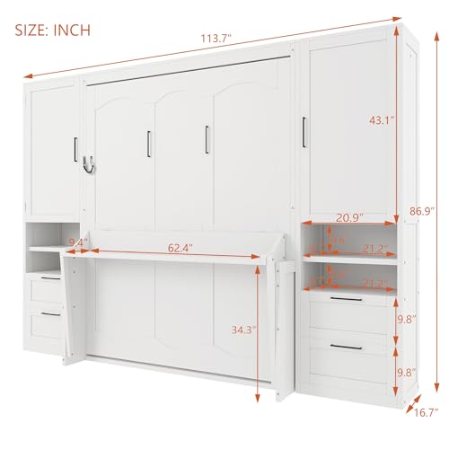 Image of Merax Queen Size Murphy Bed with Desk, Multifunctional Foldable Wall Bed with Closet, Drawers and Shelves, Space-Saving Wood Platform Bed Frame for Small Spaces Studio Study Office Guest Room, White