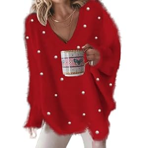 TIAFORD Women’s Fuzzy Pearl Embellished Oversized Pullover Sweater Fall Winter Trendy Casual V Neck Long Sleeve Top