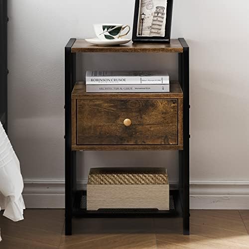 Industrial Nightstands for Bedroom, Wood Bedside Table Night Stands with Drawer, Narrow End Side Table Storage Shelves for Living Room, Rustic Brown