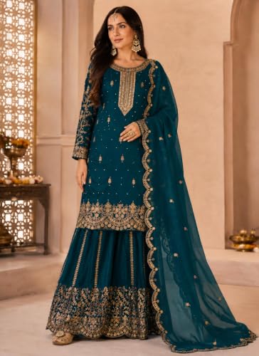 Image of Women's Ethnic Plazzo Suit Set with Kurta & Dupatta | Fendy Fabric Embroidered Kurta Set | Round Neck 3 /4 Sleeve Dress | Elegant Outfit