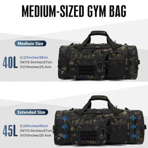 3 in 1 Tactical Travel Duffle Bag Backpack for Men Women 40-45L Expandable Gym Bag & Sport Duffel Bags for Travel with Shoe Compartment & Wet Pocket, Weekend Overnight bag for Caming, Camo - Image 6