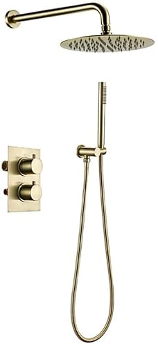 WXPGFEQ Brushed Gold Shower System Thermostatic Set Shower Faucet Set with Handheld Sprayer & Rainfall Shower Head System Wall Mount Single Handle Shower Set with Valve,8inch Interesting Life