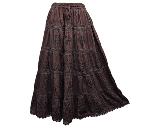 Image of Doorwaytofashion Women Cotton Maxi Full Length Skirt Embroidered Boho Casual Festival Summer UK 10,12,14,16,18 Chocolate Brown