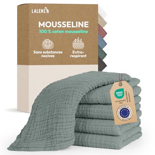 Laleni Lot de 5 Lange Bebe 70x70 - Langes Coton bébé Haute qualité 100% Coton Multi-Usage - Gaze de Coton mousselines très absorbantes - debarbouillette Bebe Lavable - Carre Coton Bebe - Vert
