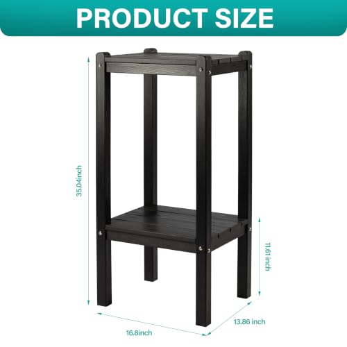 Image of Bar Height Outdoor Side Table with Shelf - All-Weather HDPE End Table with Realistic Wood Grain, 36 inch Height for Patio & Deck (Black)