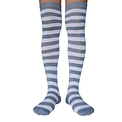 Calcetines de rayas para mujer sobre la rodilla de algodón largo tubo medias hasta el muslo para Halloween Cosplay disfraz accesorio de fiesta (gris claro) Cover