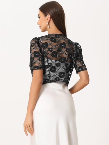 Image of Allegra K Lace Shrug Top for Women's Elegant Sheer Short Sleeve Shiny Floral Crop Cardigan