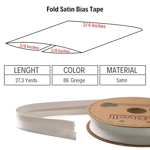 Image of Fold Satin Bias Tape - 99+ Colors - 3 /4 Inches Wide - 27 Yards - Fold Satin Binding Bias Ribbon Fabric Piping Bias Binding Tape for Sewing Clothing DIY (89. Greige) BYS89