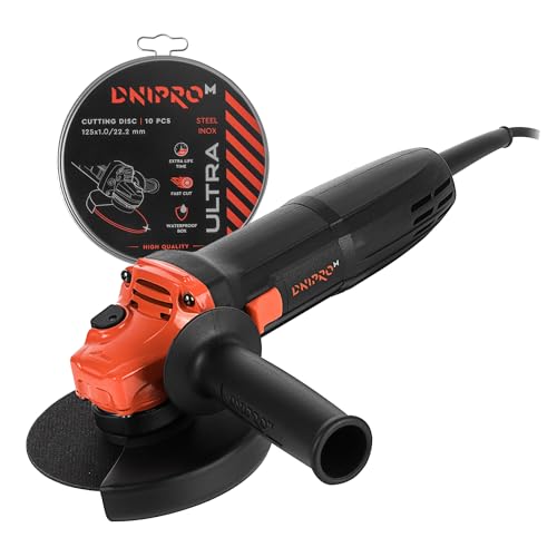 Dnipro-M Amoladora Angular 980W Disco 125mm + 10 Discos de Corte, Velocidad 11000 rpm. Compacta y Ligera, Control Ergonómico con Mango 185mm, Corte Metal/Hormigón/Piedra/Cerámica/Ladrillo. GS-98
