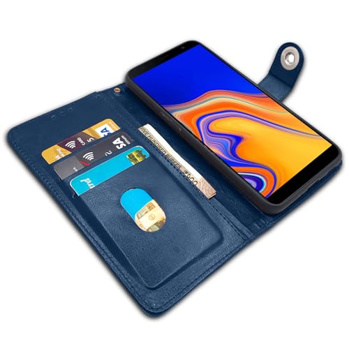 Image of Pikkme Samsung Galaxy J4 Plus Flip Cover Leather Finish | Inside TPU with Card Pockets | Wallet Stand and Shock Proof | Complete Protection Button Flip Case (Blue)