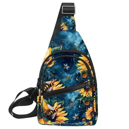 Mochila cruzada de girasoles y abejas con correa ajustable para deporte y viaje unisex