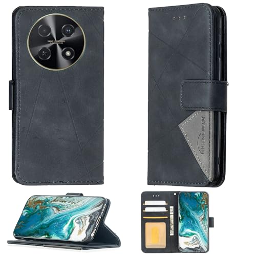 Aroepurt Case Compatible for Huawei Nova 12i Phone Case Cover [with Tempered Glass Screen Protector] Flip Stand Cover PU Leather Wallet Case Black