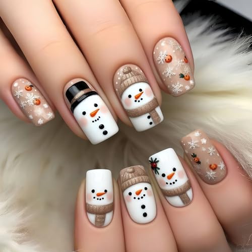 24Pcs Christmas Snowman Press on Nails Medium Square Fake Nails Brown Xmas Snowflake False Nails Winter Glue on Nail Artificial Acrylic Nail Holiday Nails for Women DIY Decorations Manicure