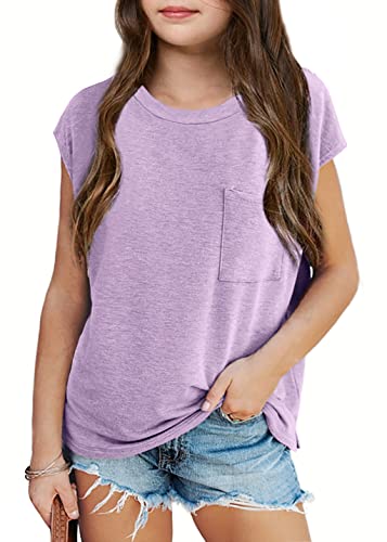 Image of Imily Bela Girls Cap Sleeve Summer Tops Casual Crewneck Loose Tshirts with Pocket