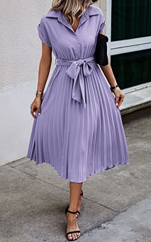 Image of ECOWISH Womens Casual Midi Dresses Solid V Neck Short Sleeve Button Shirt Belted Dress with Pockets for Spring Summer 2026