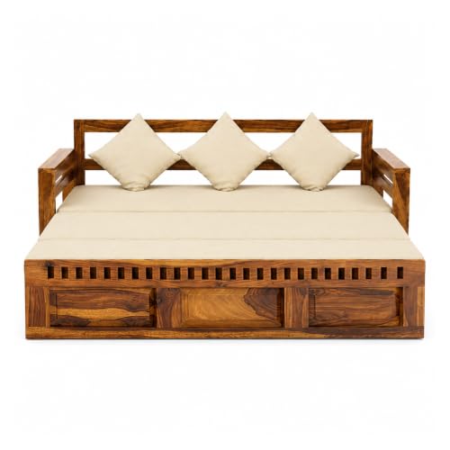 Image of SONA ART & CRAFTS Kuber Sheesham Wood Sofa Cum Bed 3 Seater with Storage and Side Pockets for Living Room Organizer Furniture Sofa Bed Home, Bedroom (Natural Finish)