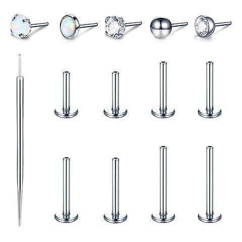 Xpircn 16G Threadless Push in Lip Ring Stainless Steel Opal CZ Labret Monroe Lip Stud Helix Tragus Cartilage Flat Back Earring Stud Piercing Jewelry for Women (14pcs, Mixed Top) Cover