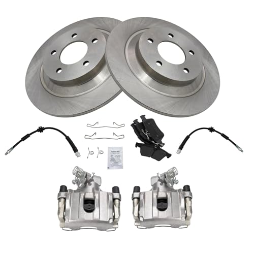 Image of TRQ Rear Brake Pad and Rotor Set Semi Metallic Rotors Calipers Hoses Compatible with 2007-2008 Mazda 5