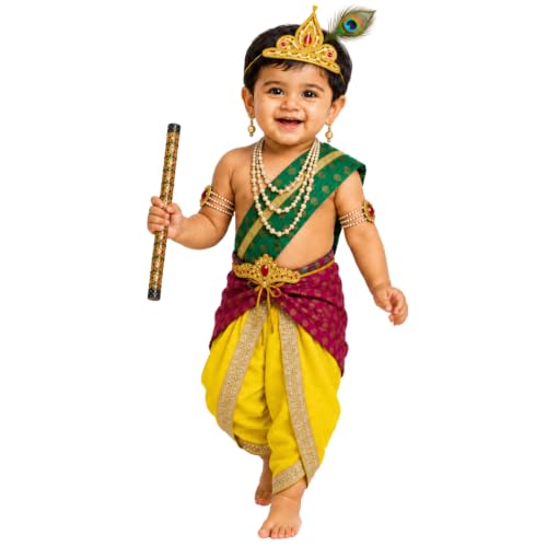 Image of Krishna Dress for Baby Boy Kids(Dhoti,Patka,Mukut,Morpankh,Bansuri,Kamarband,Bajuband,Kundal) Little Krishna Ji Kanha Janmasthmi Costume