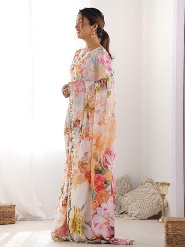Image of Panzora Women's Chinon Printed Saree With Unstitched Blouse Piece