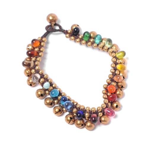 Gold Tone Brass Anklet with Bells and Rainbow Color Glass Beads - Indian Style Beaded Ankle Bells - Feet Jewelry for Women - Multicolor Ankle Bracelet - Boho Gypsy Fashion