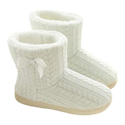 USHOBE Indoor Knit Bootie Slipper Cable Knit Bootie Warm Cozy Fluffy Slippers Boots Winter Snow Ankle Boots Non-slip Lined Warm Shoes (White) Cover