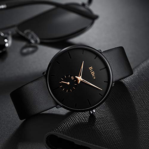 Mens Watch Ultra-Thin Quartz Analog Wrist Watch 30M Waterproof Fashion Minimalist with Leather Band - Black Gold