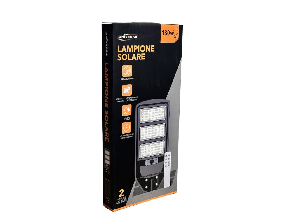 UNIVERSO J02-180W-F LAMPIONE STRADALE LED 180W EQUIVALENTI CON PANNELLO SOLARE FOTOVOLTAICO E SENSORE DI MOVIMENTO IP65 1800 LUMEN