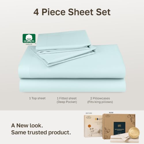 Image of Soft Natural 100% Cotton Sateen King Sheets Deep Pocket, 4 Pc Set, Seafoam