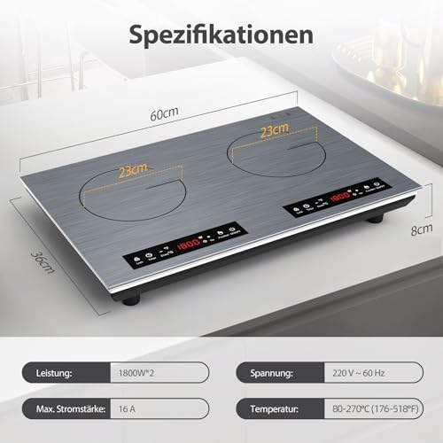 VBGK Doppel Induktionskochfeld 60cm,3600W Induktionskochplatte mit Stecker,220V Induktionsherdplatte Herdplatte mit LED-Touchscreen,10 Leistungsstufen und Temperaturregelung Kindersicherung Timer