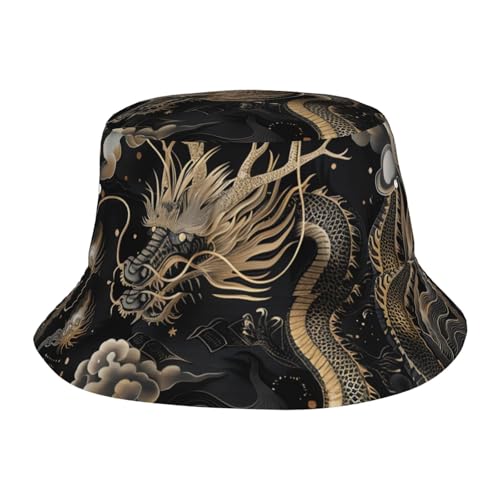 Unisex Cute Bucket Hat Black Chinese Dragon Summer Travel Fisherman Cap Beach Travel Sun Hat Outdoor Cap