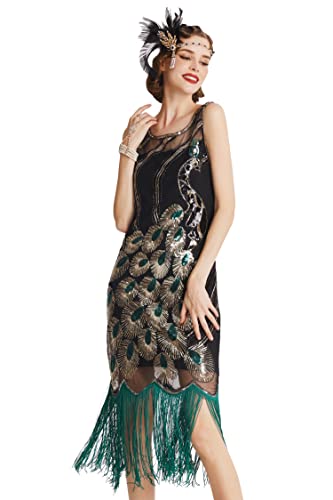 BABEYOND 20's Vintage Peacock Sequin Fringed Party Flapper Dress