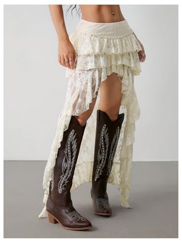 Verdusa Women's Concert Outfits Sheer Lace Tiered Layered High Low Cowgirl Skirts Boho Western Ruffle Skirt3