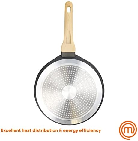 MasterChef Pancake Pan Non Stick Crepe Maker, Tawa for Induction Hob, Gas, Halogen & Ceramic Stoves, Swiss Engineered Scratch Resistant Aluminium with Wood-Look Handle, 25cm, Black