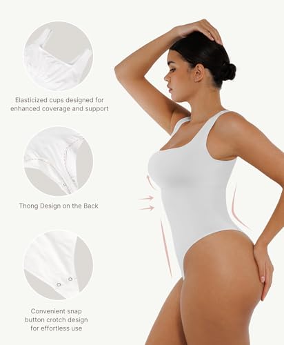 Image of FeelinGirl Bodysuits for Women Seamless Square Neck Tummy Control Compression Thong Shapewear Bodysuit Tank Tops Bodysuit