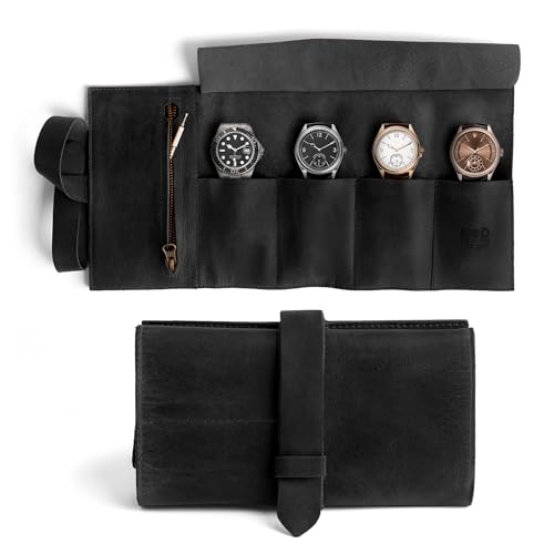 Image of Hide & Drink, Watch Roll Organizer with Zippered Pouch, Easy Carry On Watchlover Storage, Travel Essentials Gift, Full Grain Leather, Handmade (Charcoal Black)