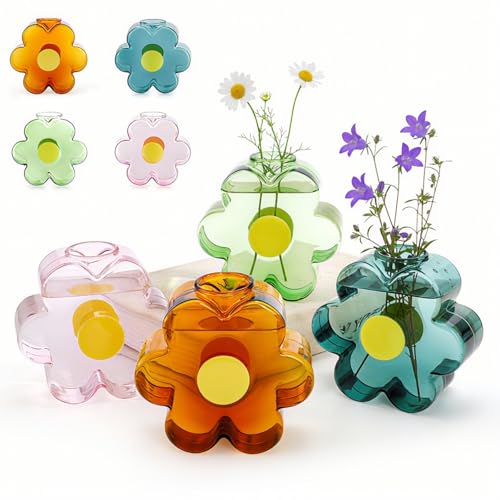 Covzoe 4 Pack Small Glass Vases, Colorful Unique Flower Shaped Vase, Cute Glass Bud Vases for Centerpieces, Girly Modern Decorative Mini Vase for Living Room Bedroom Shelf Home, Office, Wedding