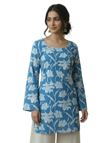 Image of MAHIRA'S Women's Short Kurti, Black Rayon Tunic Top with Embroidered Sleeves, 3 /4 Designer Sleeves